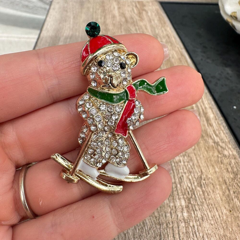 Vintage Jewelry Skiing Bear Brooch Rhinestone Skiing Bear Pin Christmas Brooch